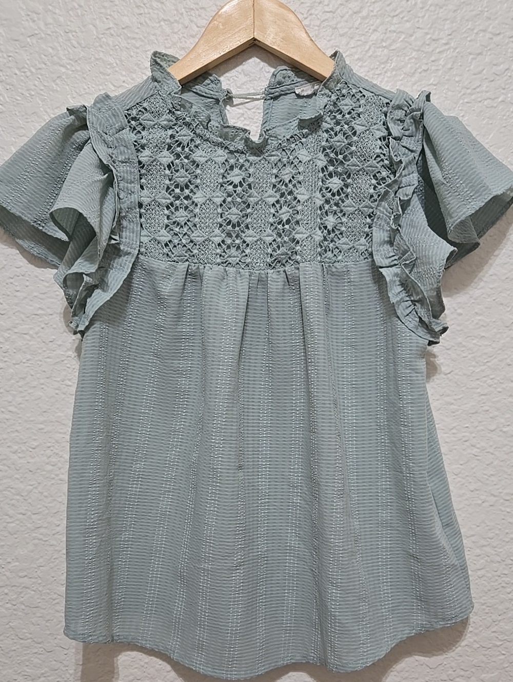 MINE Sage Green Crochet Yoke Ruffle Blouse